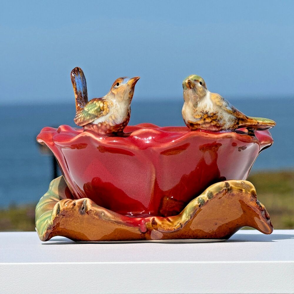Vintage Lovebird Ceramic Trinket Dish Red Flower Bowl Bird Ring Holder Whimiscal